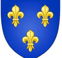 Blue shield displaying three gold fleurs-de-lis
